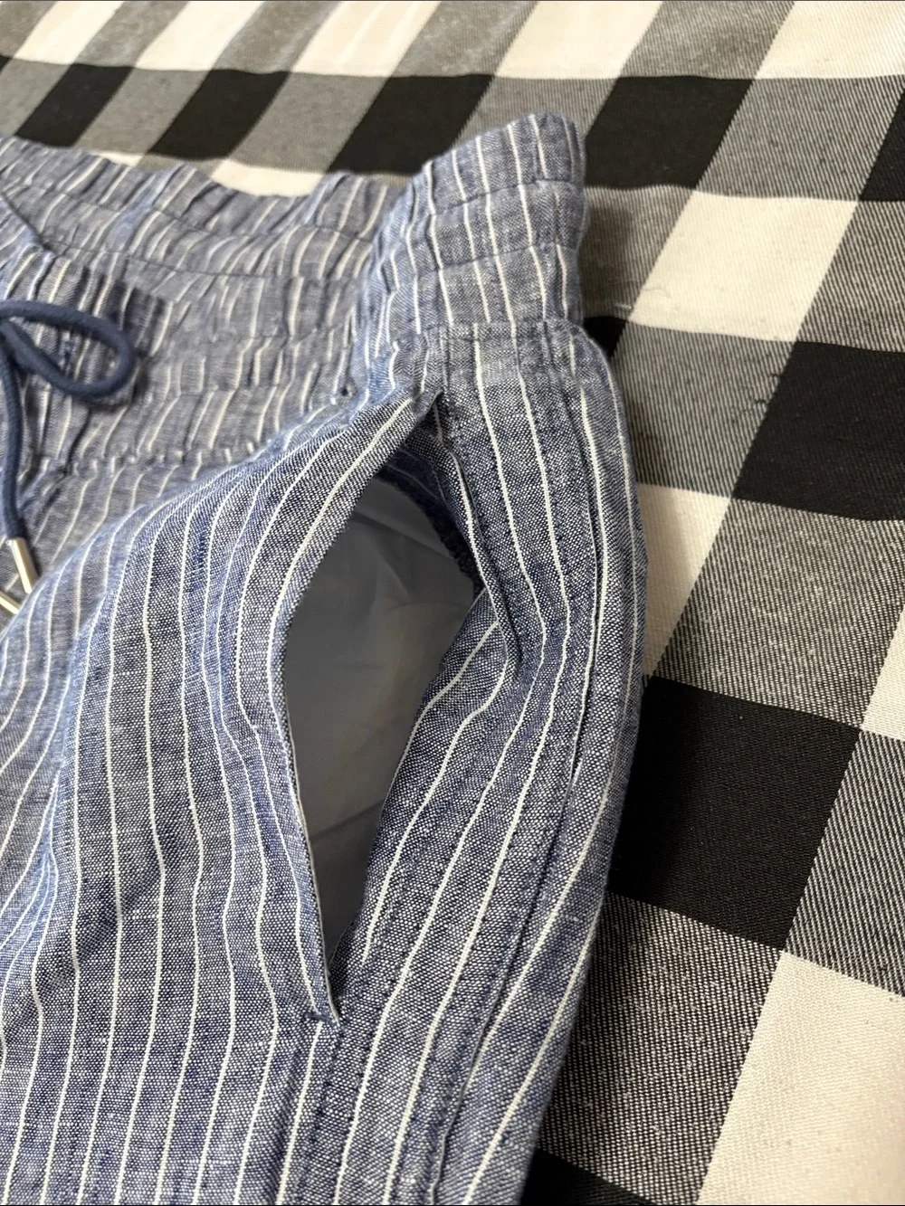 Quince Blue White Stripe Wide Leg Chambray Linen Pants Womens Large Pull On Crop